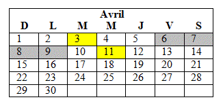 Exemple de jours fériés et fins de semaine 2